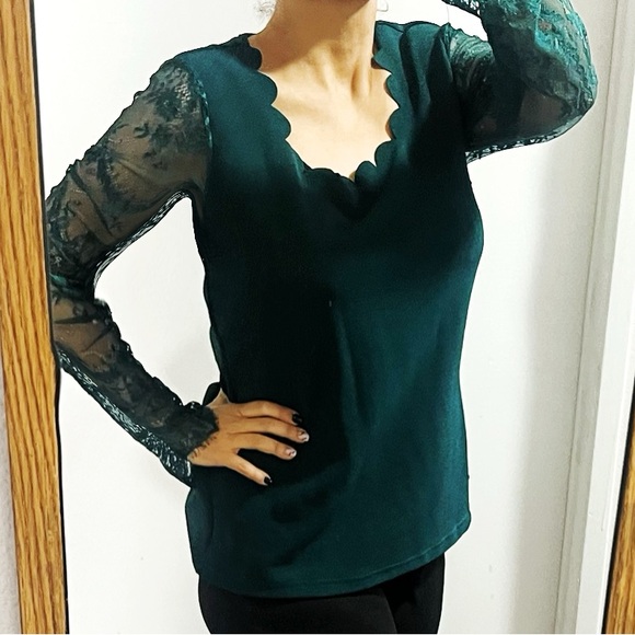 BIG SALE(5 for $20)- Teal Scalloped Lace Blouse - Picture 2 of 5